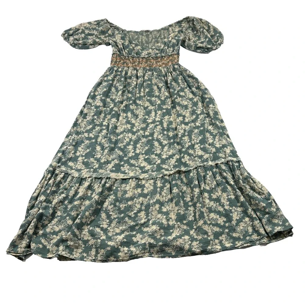 Free People Ellie Boho Green Floral Puff Sleeve Smock Bodice Maxi Dress Sz S - Picture 3 of 15